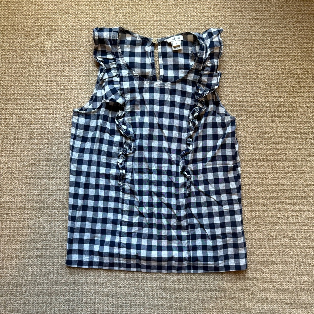 J. Crew Gingham Ruffle Blouse Womens Size 0 Navy Blue White Cottagecore